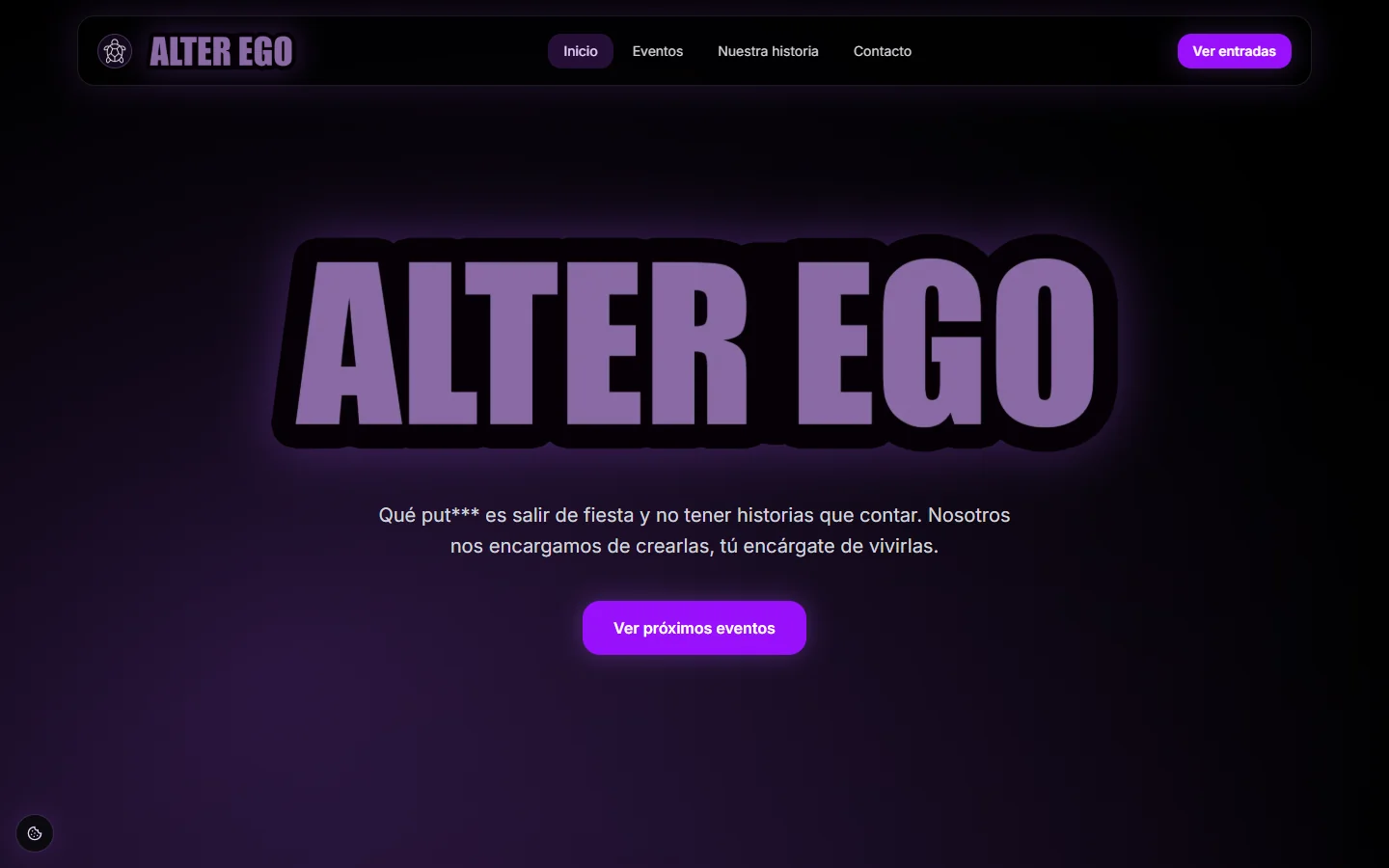 Portada de la web pública de Alter Ego Experience con acceso a próximos eventos